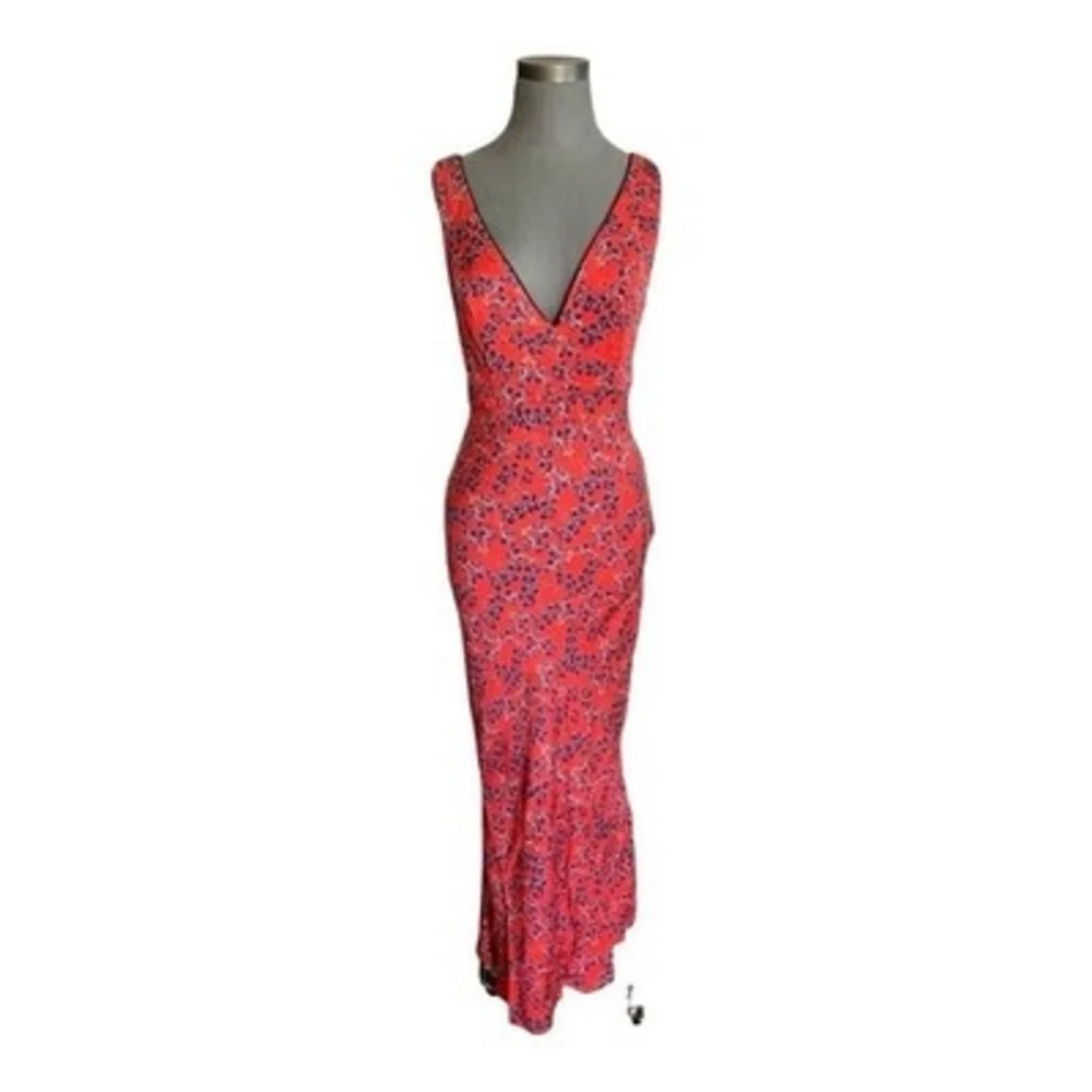 Free People Oh La La Bias Dress Size 6 Red Navy Floral V-Neck Midi Sleeveless VG - Picture 2 of 6